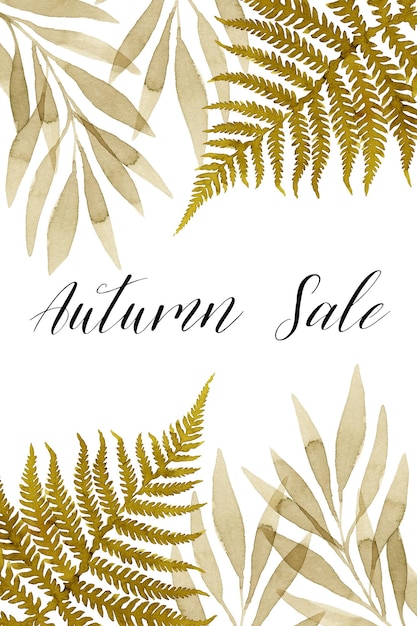 Autumn sale banner template in watercolor eucalyptus leaves and ferns botanical illustration