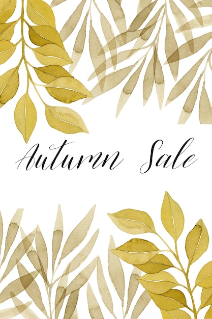 Photo autumn sale banner template in watercolor eucalyptus leaves and ferns botanical illustration