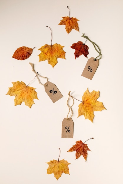 Осенняя распродажа. Картонные этикетки с процентами, разнообразие желтых осенних листьев на бежевой поверхности. Плоская планировка.