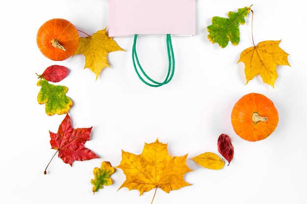 Autumn sale concept Discount banner Paper shopping bag and colorful fallen leaves on white background