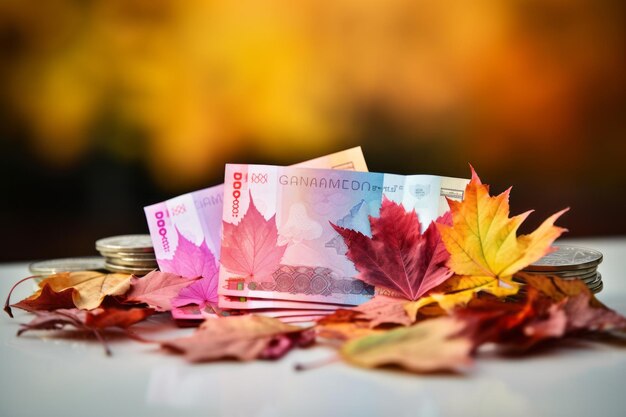 Autumn sale currency flutters with 50 euro notes amidst colorful maple leaves