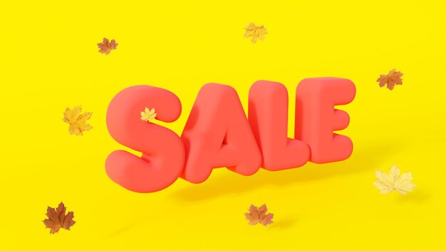 Autumn sale yellow background 3D text maple leaves rendering illustration