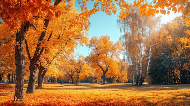 写真 秋の風景 明るいカラフルな風景 秋の公園の黄色い木々 秋の自然