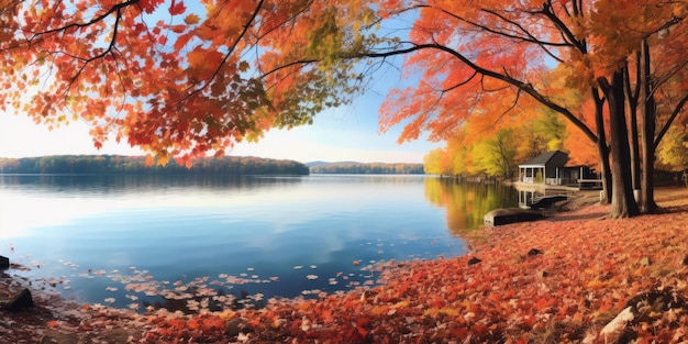 autumn scene by a tranquil lake with colorful leaves floating on the water's surface