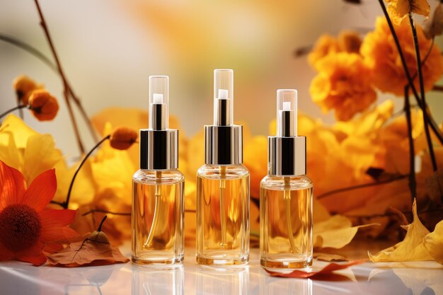 Autumn scene composition with podium showcasing glass dropper bottles containing cosmetics oil or se