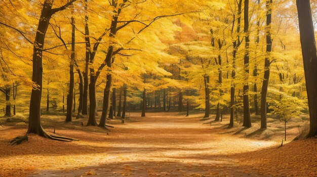 Autumn scene featuring a forest path covered in colorful leaves