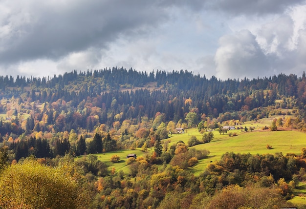 Autumn scene of mountain village, autumn season  in Carpathians