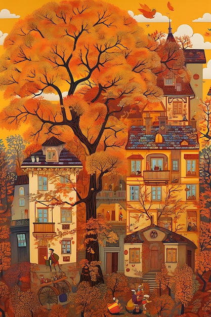 autumn scene and sunset in city