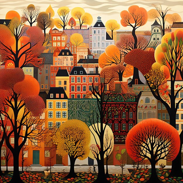 autumn scene and sunset in city
