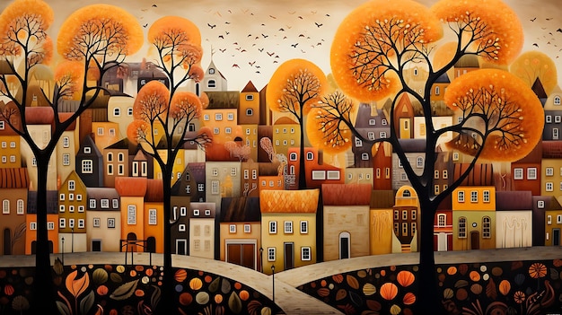 autumn scene and sunset in city