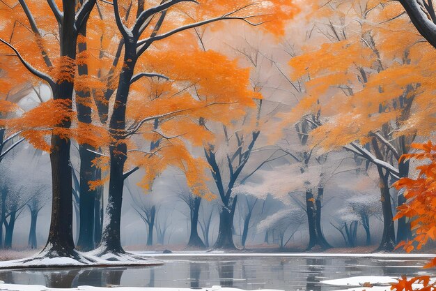 Осенняя сцена с яркими листьями, зимним морозом