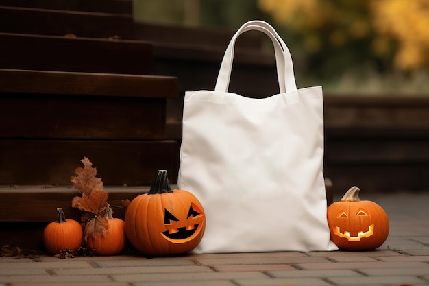 Autumn scene white blank tote bag mock up with pumpkin for Halloween Generative AI