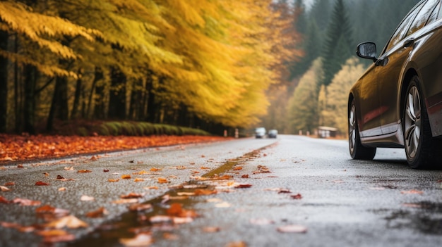公園の道路を走る車の秋の風景