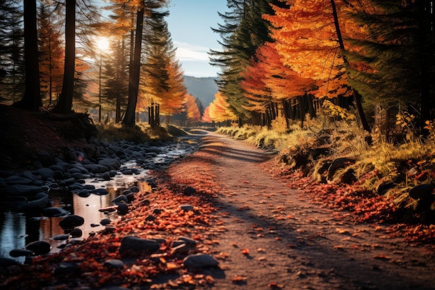 Autumn scenery of forest lane on a foggy morning Soft focus applied High quality photo