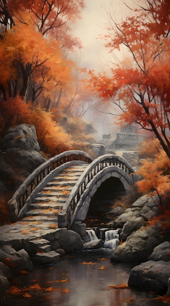 Autumn scenery with wooden bridge