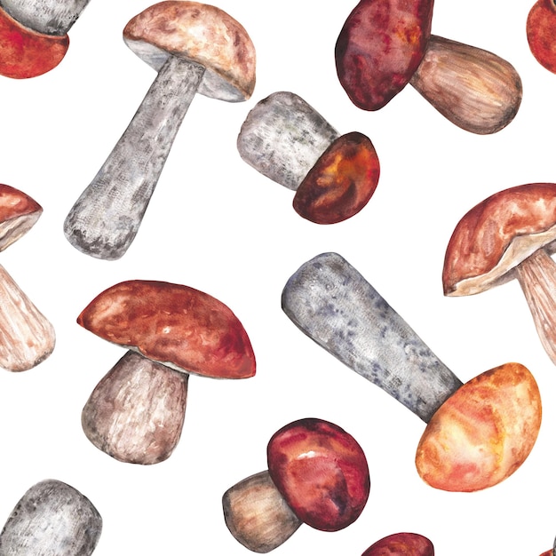 Autumn seamless pattern of porcini mushrooms Watercolor illustration isolated on white background