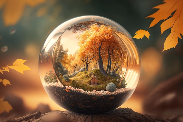 Autumn season concept Closeup yellow beautiful autumn forest ecosystem in glass bowl outdoors Generative AI