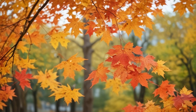 autumn season and end year activity with red and yellow maple leaves with soft focus light and bokeh background