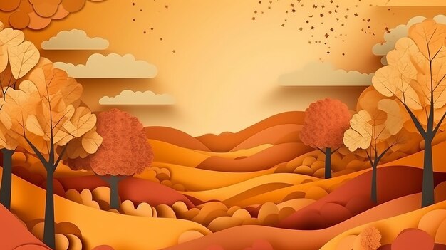 Autumn season fall leaves and cloudy landscape in paper cut style Generative AI