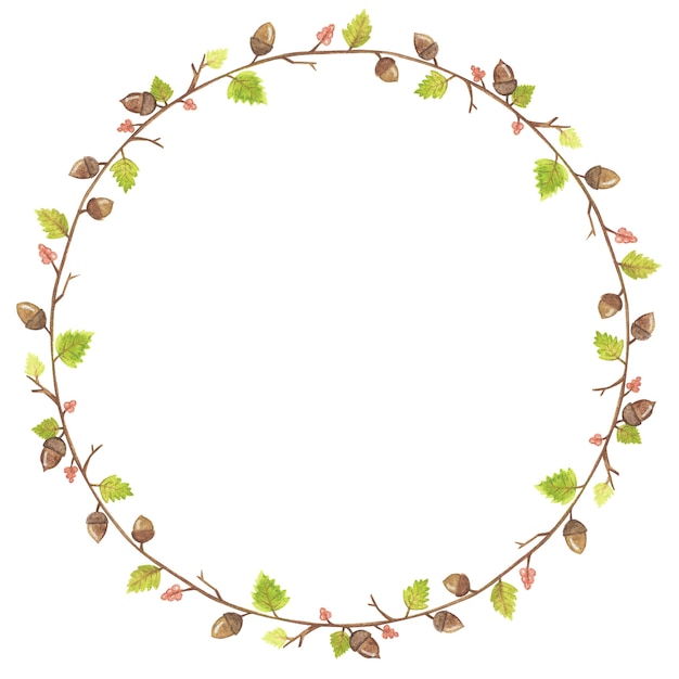 Autumn season frame with leaves, acorn, branch