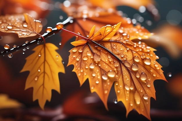 autumn season leafs with rain autumn plant scene