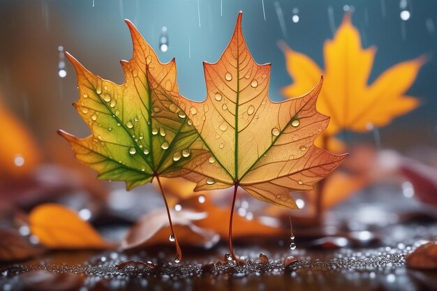 autumn season leafs with rain autumn plant scene