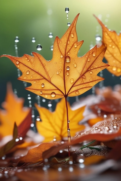 비가 내리는 가을의 잎과 가을의 식물 장면