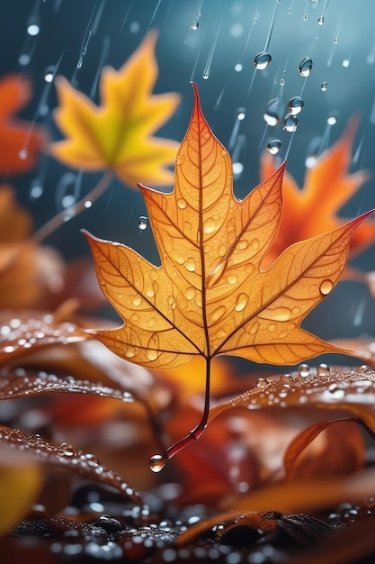 autumn season leafs with rain autumn plant scene