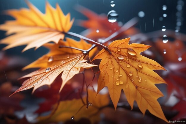 autumn season leafs with rain autumn plant scene