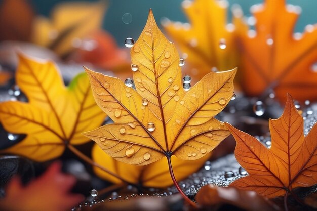 autumn season leafs with rain autumn plant scene