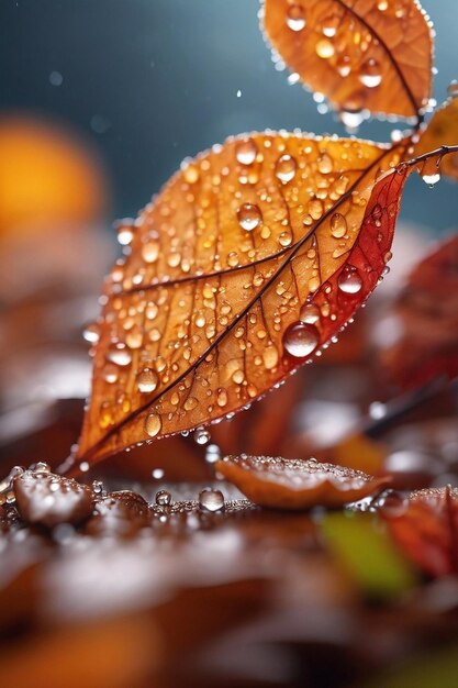 비가 내리는 가을의 잎과 가을의 식물 장면