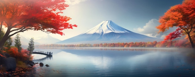 Autumn season and mountain Fuji landscape with morning lake fog Generative ai