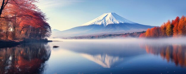 Autumn season and mountain Fuji landscape with morning lake fog Generative ai