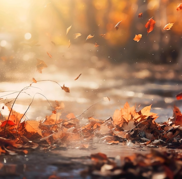 Autumn season with fallen leaves and shining of light