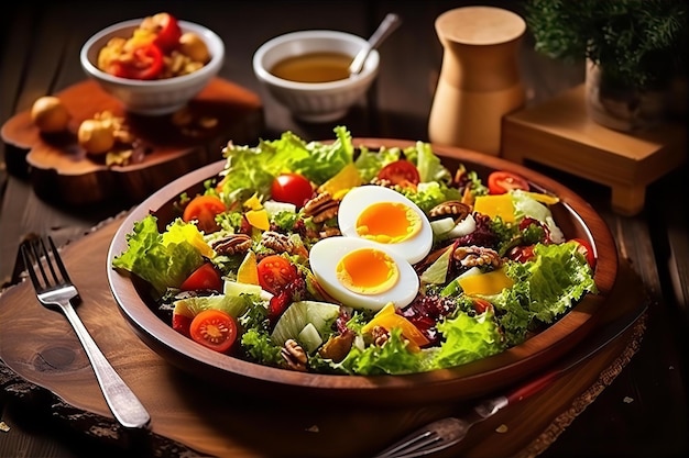 Autumn Seasonal Breakfast Fresh Vegetables Salad with Egg on the Wooden Table