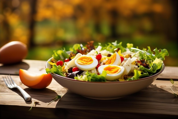 秋の季節の朝食、木製のテーブルに卵と新鮮な野菜のサラダ
