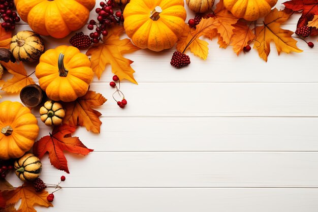 Autumn seasonal leaves border background and thanksgiving day harvest holiday with fruits and pumpkins decoration
