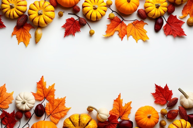 Autumn seasonal leaves border background and thanksgiving day harvest holiday with fruits and pumpkins decoration