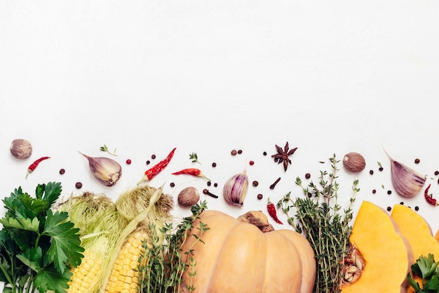 Erbe e spezie di verdure di stagione autunnali concetto di cibo del ringraziamento