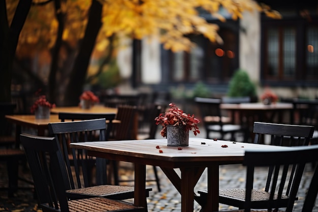 Autumn Serenity A Captivating Empty Table Scene in an Outdoor Restaurant