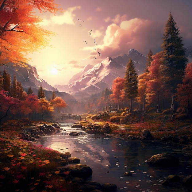 Autumn setting concept Autumn scenery with maple forest river sunshine and country building