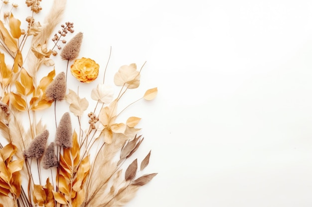 Autumn setting withered foliage and dry flowers on a white background Empty area for text Overhead p