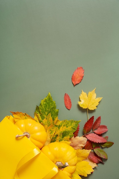 Autumn shopping and sales concept Composition of autumn fallen leaves and a shopping bag on a green background