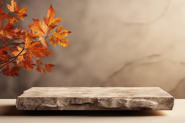 Autumn showcase made of natural stone autumn foliage Empty Podium presentation cosmetics Minimalistic branding scene