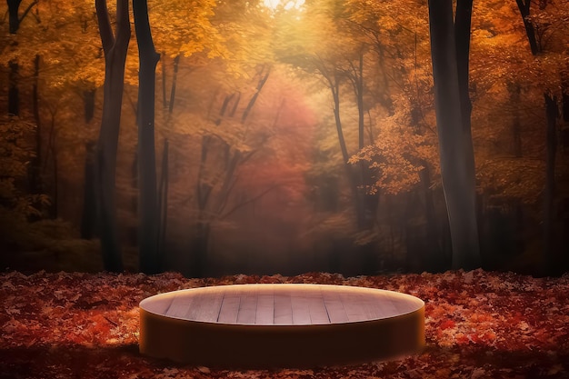Autumn showcase made of natural wood and autumn foliage AI