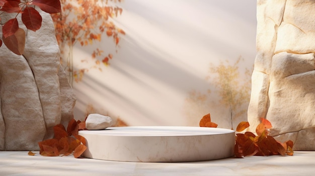 Autumn showcase made of white natural stone autumn foliage for product promotion