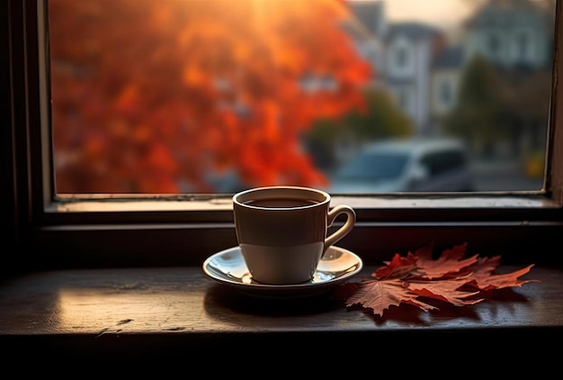 an autumn sitting cup of coffee on the windowsill