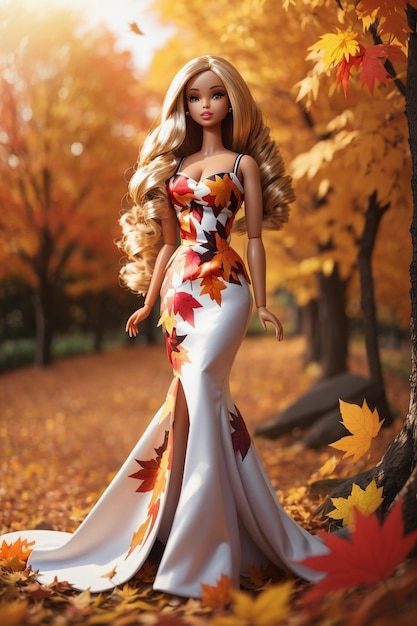 Autumn Splendor BarbieInspired Plastic Doll Amid Vibrant Fall Leaves Landscape