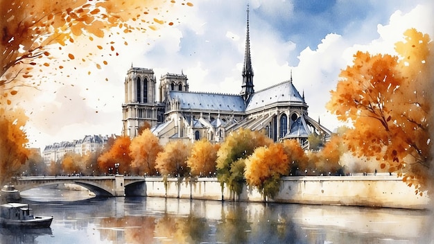 Autumn splendor at notre dame cathedral watercolor