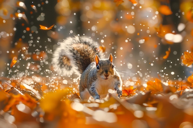 Photo autumn splendor with a fluffy squirrel among golden fall leaves and sparkling sunlight backdrop